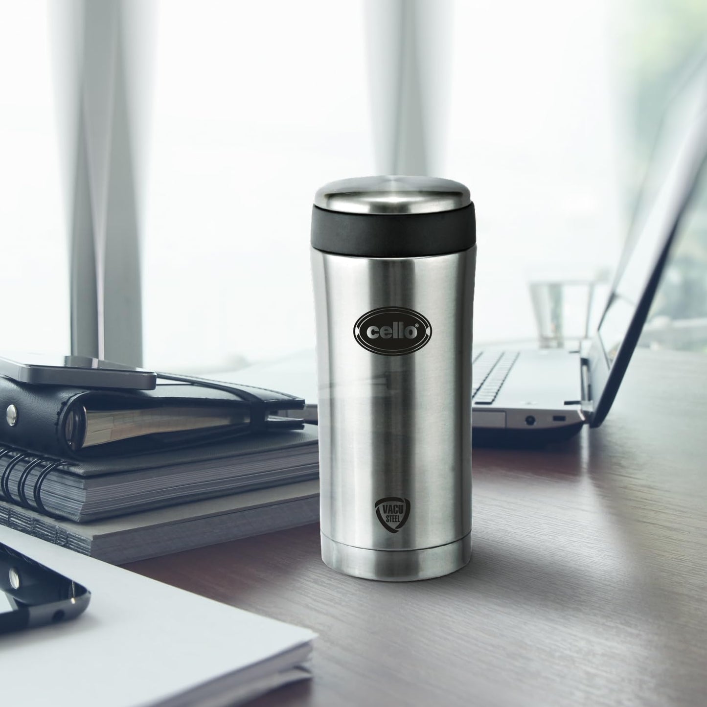 Cello My Cup Stainless Steel Water Bottle | Leak-Proof Cap & Wide Mouth Opening | Thermo Steel Technology | Ideal for Gym or Various Outdoor Activities Like Hiking, Trekking | 350ml- Silver