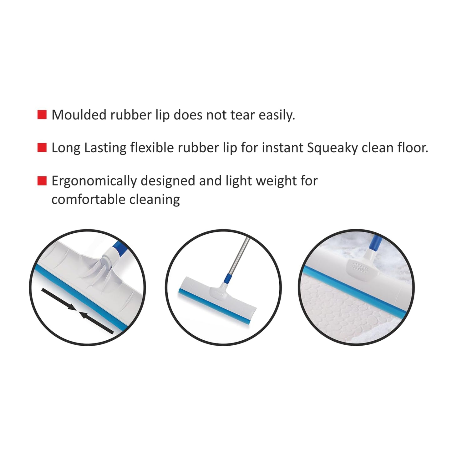 Cello Kleeno Standee Floor Wiper| Flexible Rubber Lip | Brush Body Plastic & Steel Rod | Lightweight | Cleaning Tool | Cleaning Home, Kitchen, Bathroom | Blue and White