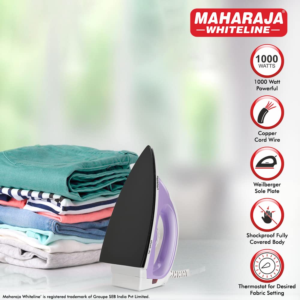 Maharaja Whiteline Plastic Sleek Dlx Pro Dry Iron, 1000W (Pastel Violet & White), 1000 Watts
