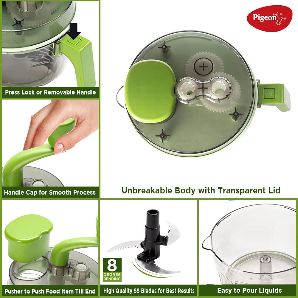 Pigeon by Stovekraft Tornado Turbo Manual Chopper | Food Processor 1.5 L Used for Chopping, Atta Kneader, Slicing, Shredding and Whipping - Green, Large