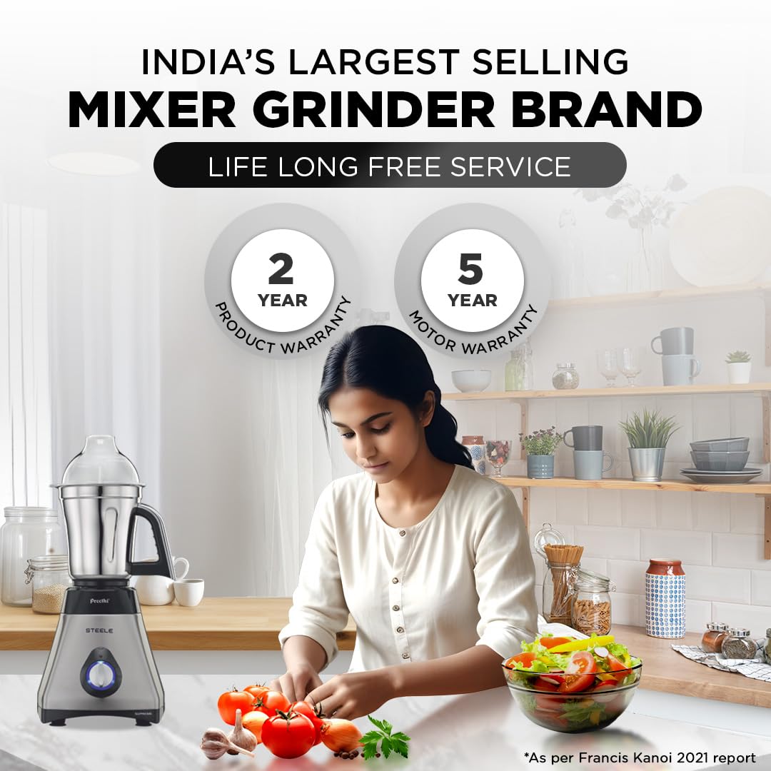Preethi Steel Supreme MG-208 mixer grinder, 750 watt (Silver/ Black), 4 jars - Super Extractor juicer Jar, Vega W5 motor with 5yr Warranty & Lifelong Free Service