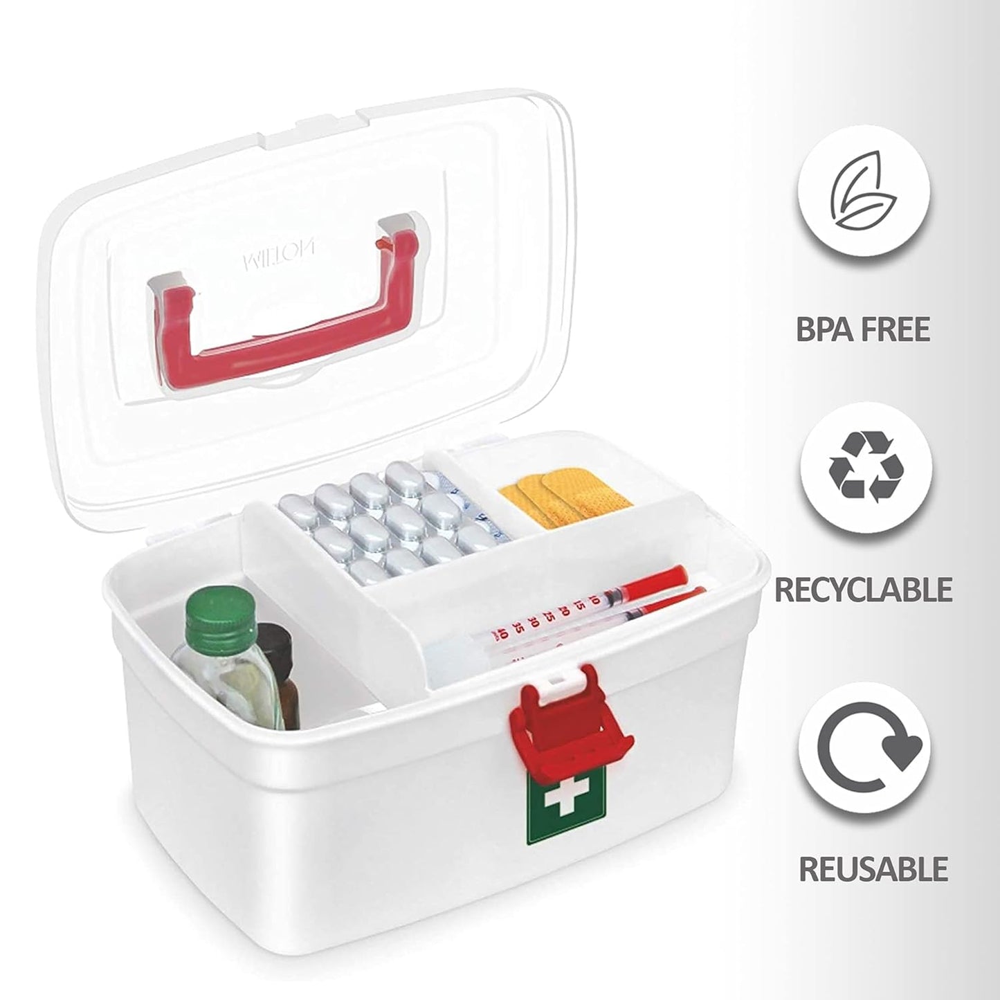 MILTON Plastic Medicine Box, First Aid Box, Detachable Tray with Handle, Emergency Indoor Outdoor Medical Utility Cabinet Organizer, Transparent, Portable & Lockable Container, White