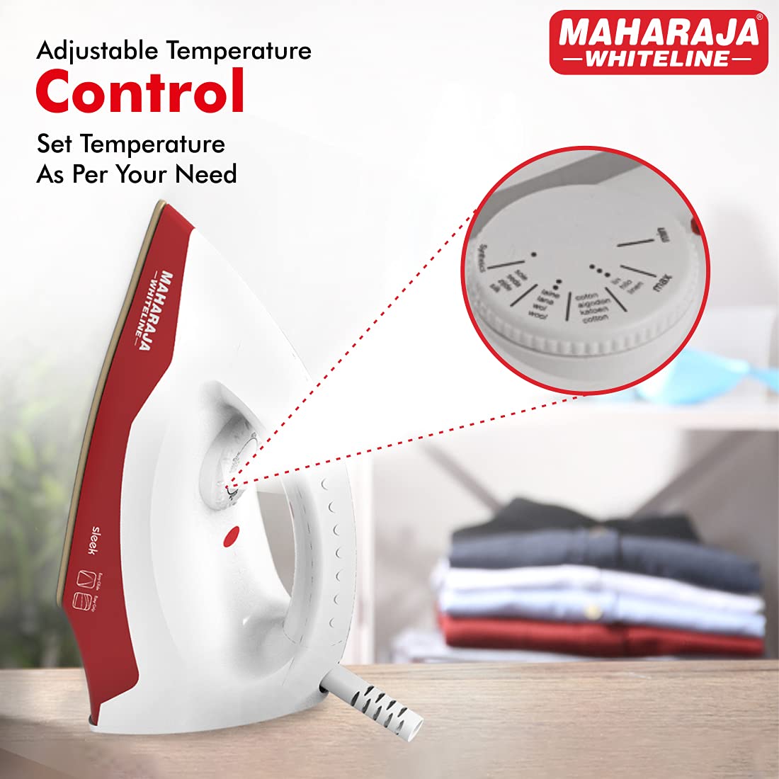 Maharaja Whiteline Sleek Dry Iron, 1000W (White & Cherry Red), Standard (Sleek / DI-129)