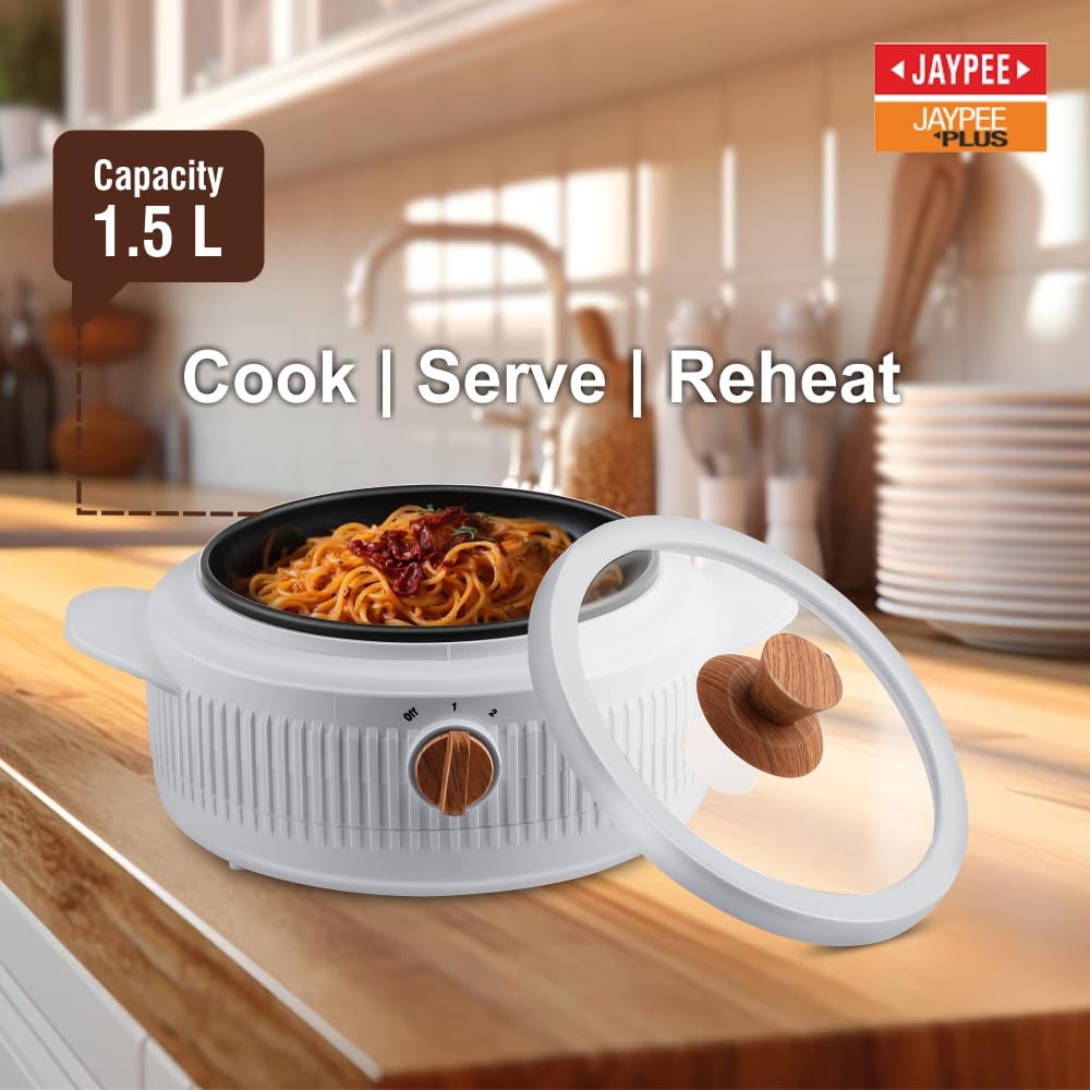 Jaypee Plus Electric CookSmart Casserole with Teflon NonStick Coating Bowl for Reheating & Cooking, Serving Casserole Wooden Finish Lid & Regulator Knob Toughened Glass Lid, 1500 ml, Grey