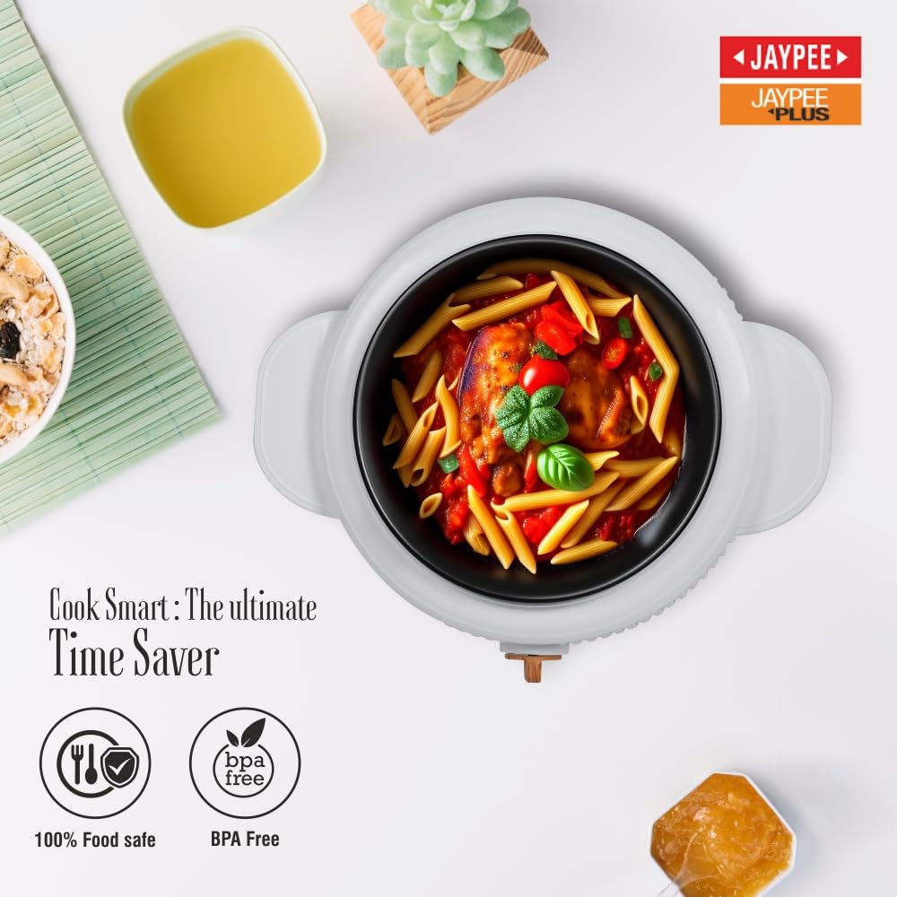 Jaypee Plus Electric CookSmart Casserole with Teflon NonStick Coating Bowl for Reheating & Cooking, Serving Casserole Wooden Finish Lid & Regulator Knob Toughened Glass Lid, 1500 ml, Grey