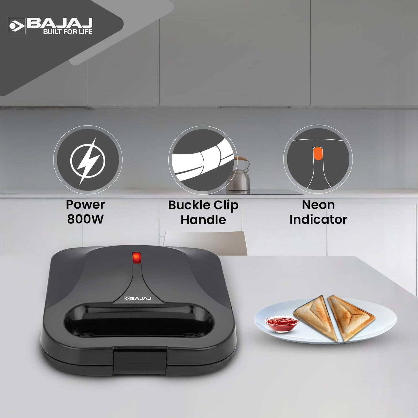 Bajaj SWX 5 800-Watt 2-Slice Sandwich Toaster | Non-Stick Coated Plates for Easy-to-Clean | Upright Compact Storage | Buckle Clips Lock | 2 Years Warranty 【Black】