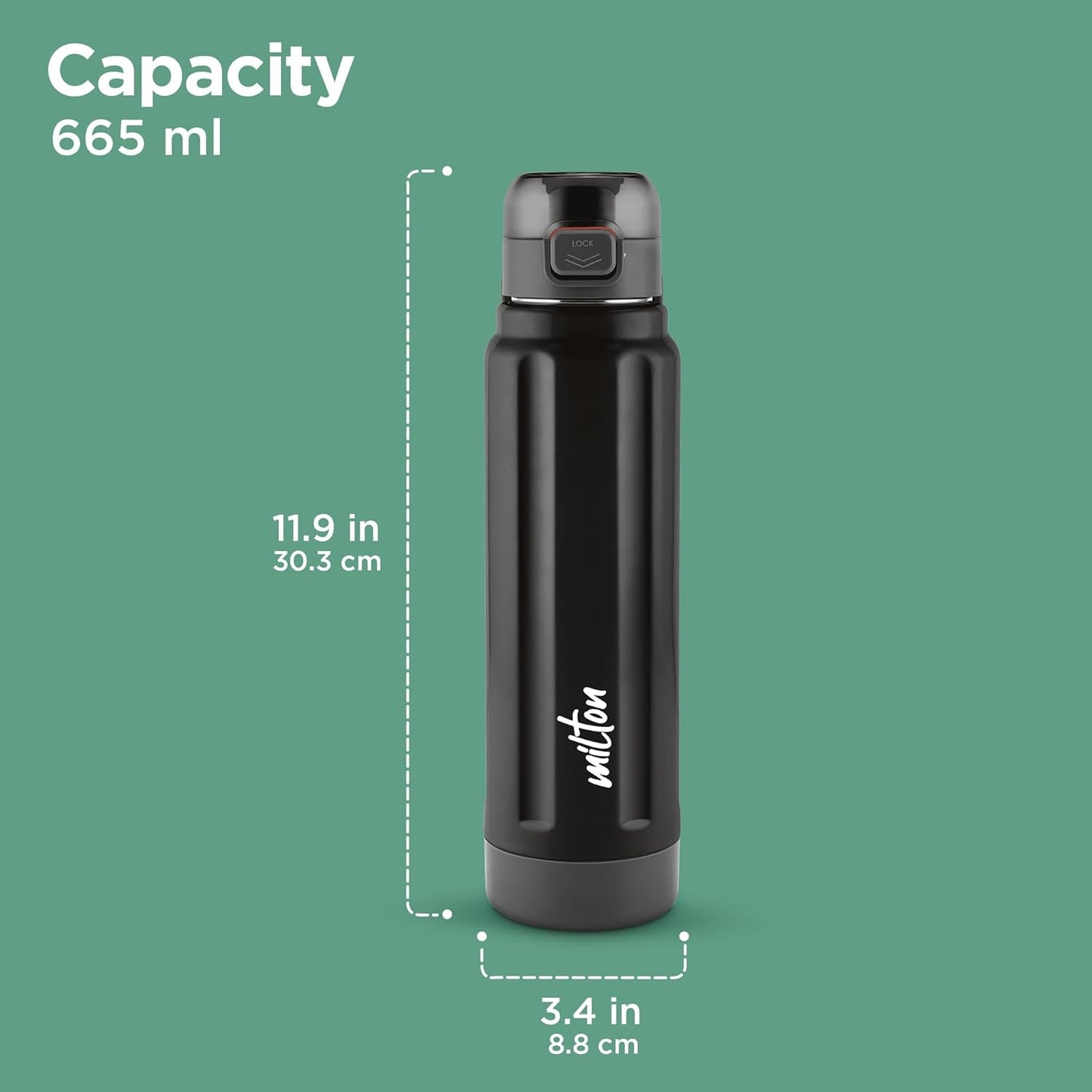 Milton Taurus 900 Steel Thermoware, Inner Stainless Steel, Cold PU Insulated, Leak Proof Water Bottle for School Kids, Office, Gym, Easy to Carry Handle, 665 ml, Black