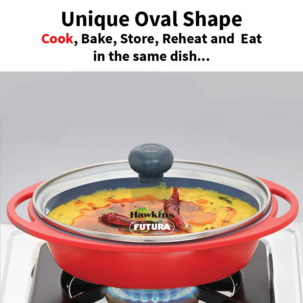 Hawkins 0.75 Litre Mini Casserole with Glass Lid, Oval Shaped Die-Cast pan for Cooking, Reheating, Serving and Storing, Grey (DCG75G)