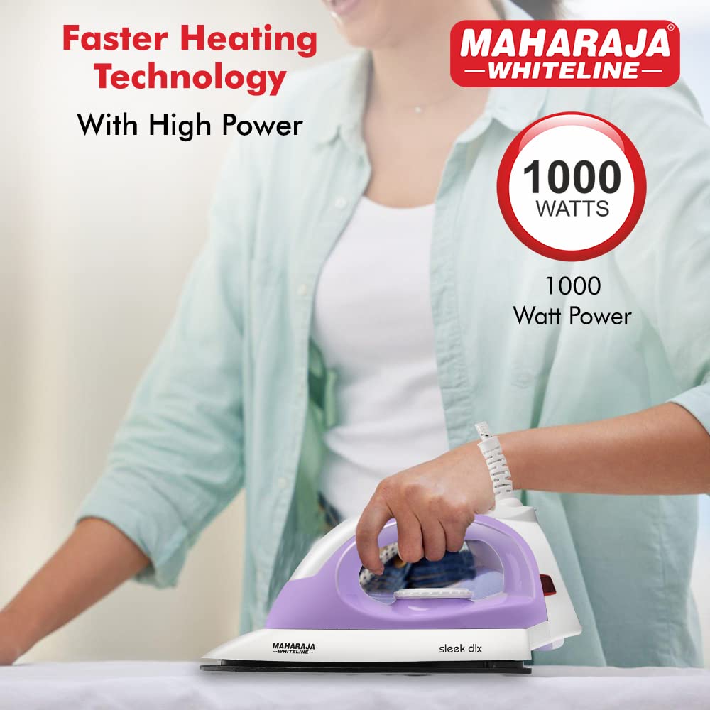 Maharaja Whiteline Plastic Sleek Dlx Pro Dry Iron, 1000W (Pastel Violet & White), 1000 Watts