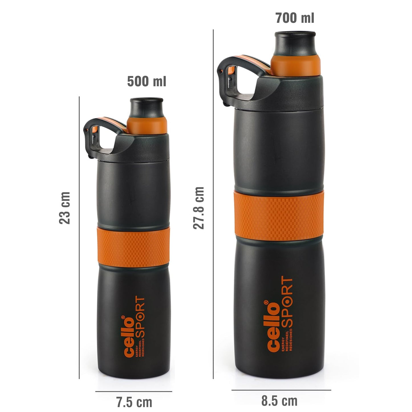 Cello Force Vacuum Insulated Flask | Hot and Cold Water Bottle with Anti-Slip Grip | Double Walled Sports Bottle for Travel, Home, Office, School | 700ml, Orange (Stainless Steel)