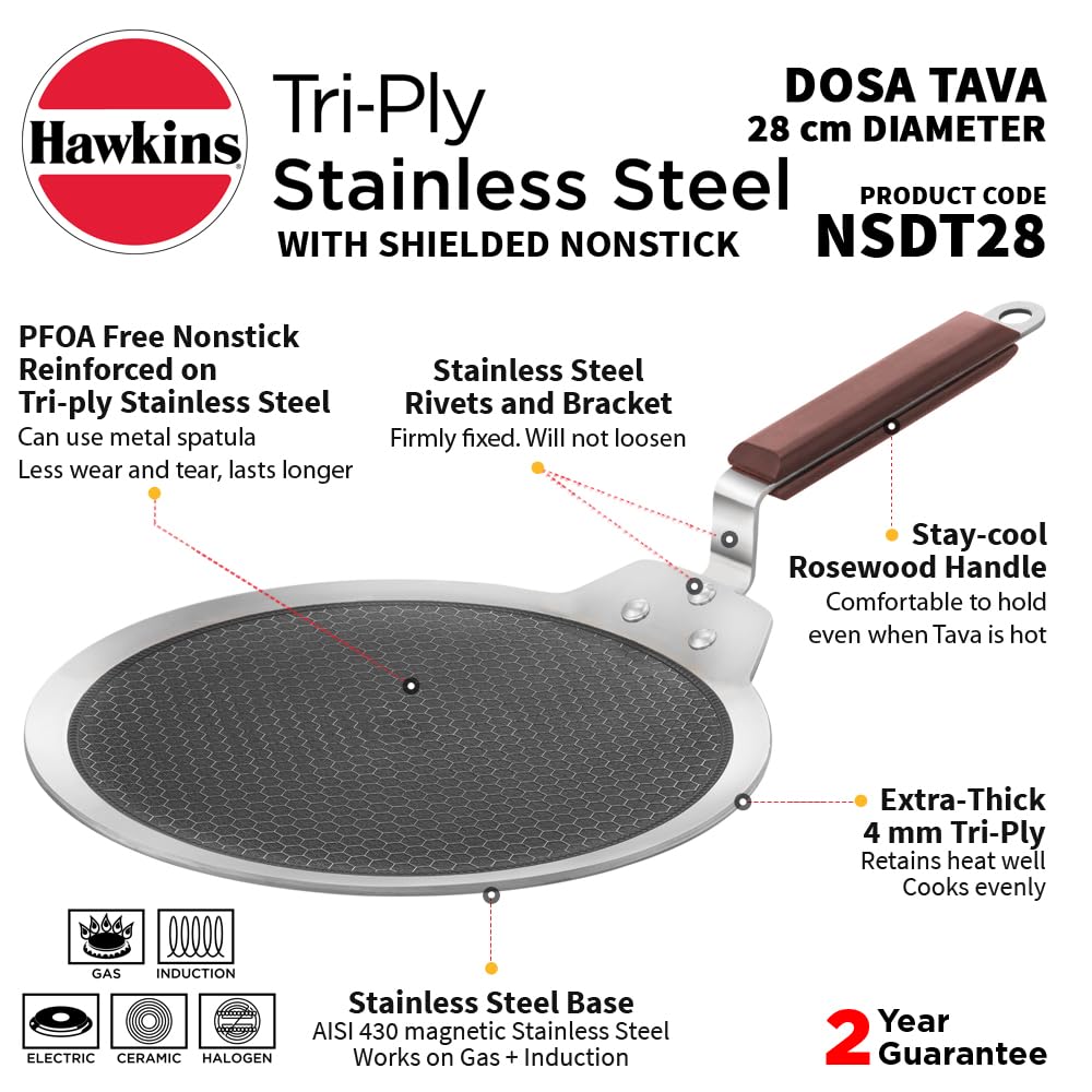 Hawkins 28 cm Dosa Tava, Triply Stainless Steel Shielded Nonstick Tawa with Rosewood Handle, Honeycomb Non Stick Induction Tawa, Silver (NSDT28)