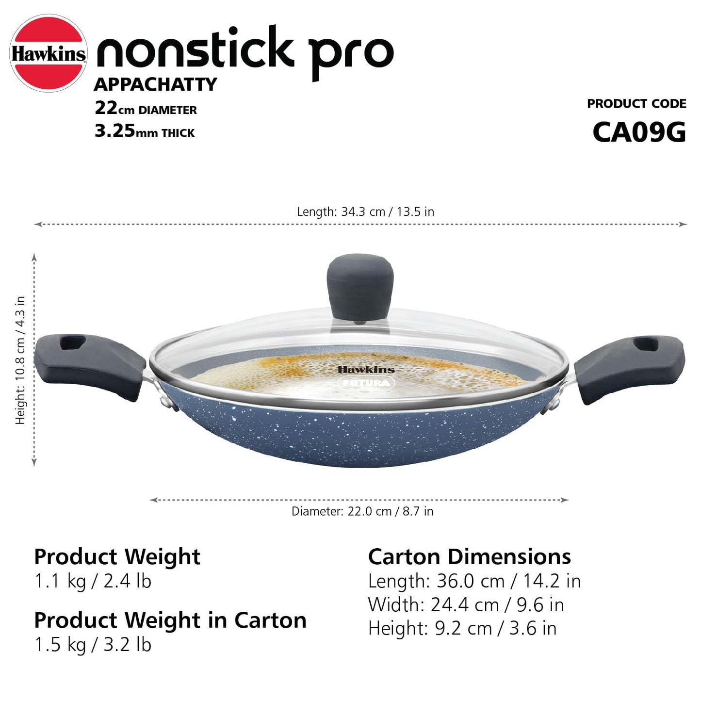 Hawkins Nonstick Pro 0.9 Litre Appachatty, Mini Kadhai, Appachatti, Appachetty, Appam Pot Maker, Deep Fry Pan with Glass Lid, Granite Kadai (CA09G)