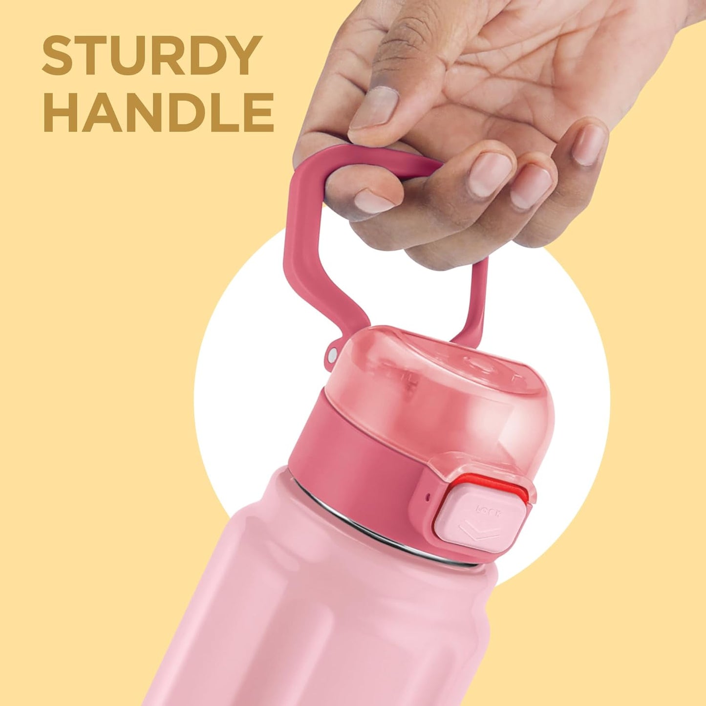 Milton Taurus 900 Steel Thermoware, Inner Stainless Steel, Cold PU Insulated, Leak Proof Water Bottle for School Kids, Office, Gym, Easy to Carry Handle, 665 ml, Light Pink