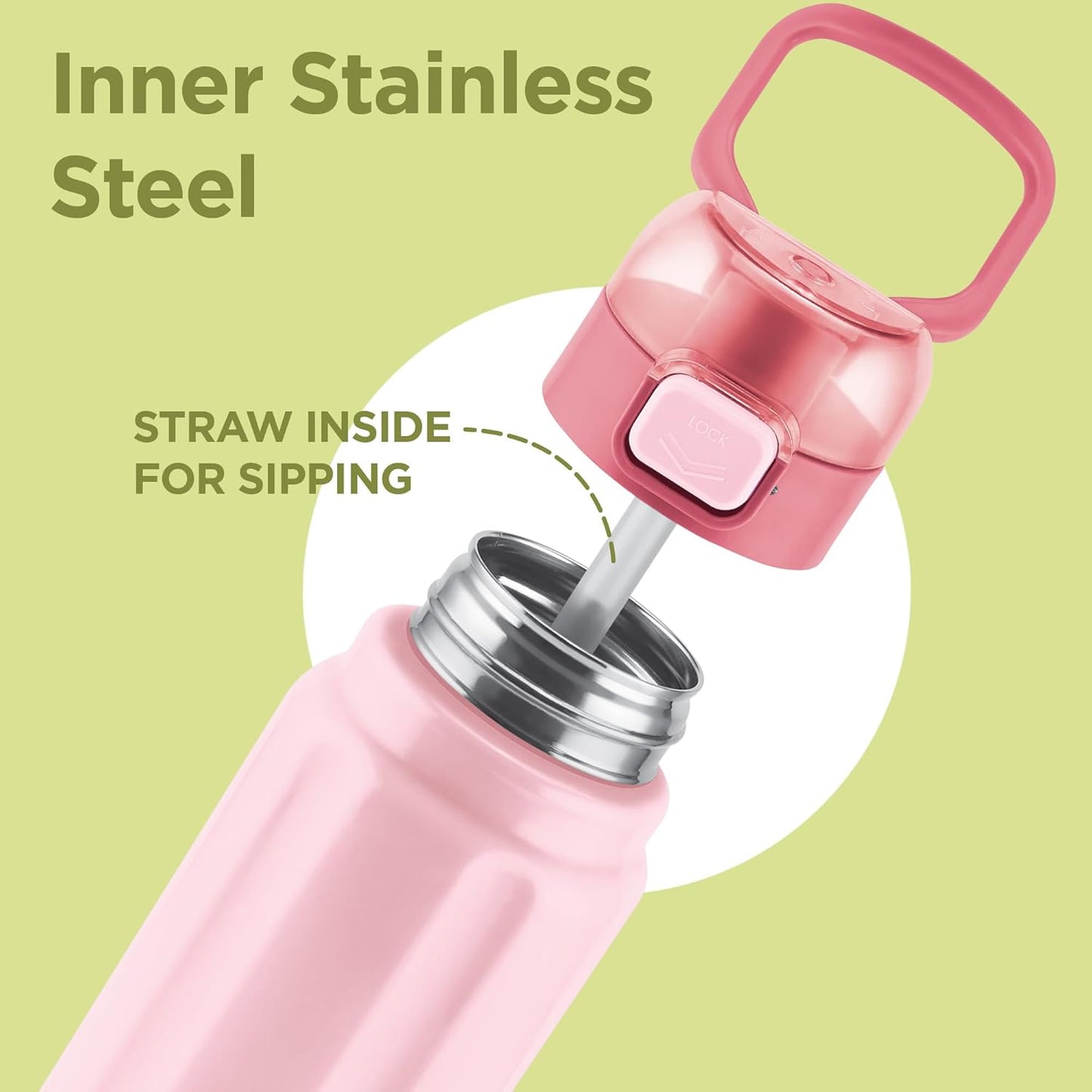 Milton Taurus 900 Steel Thermoware, Inner Stainless Steel, Cold PU Insulated, Leak Proof Water Bottle for School Kids, Office, Gym, Easy to Carry Handle, 665 ml, Light Pink