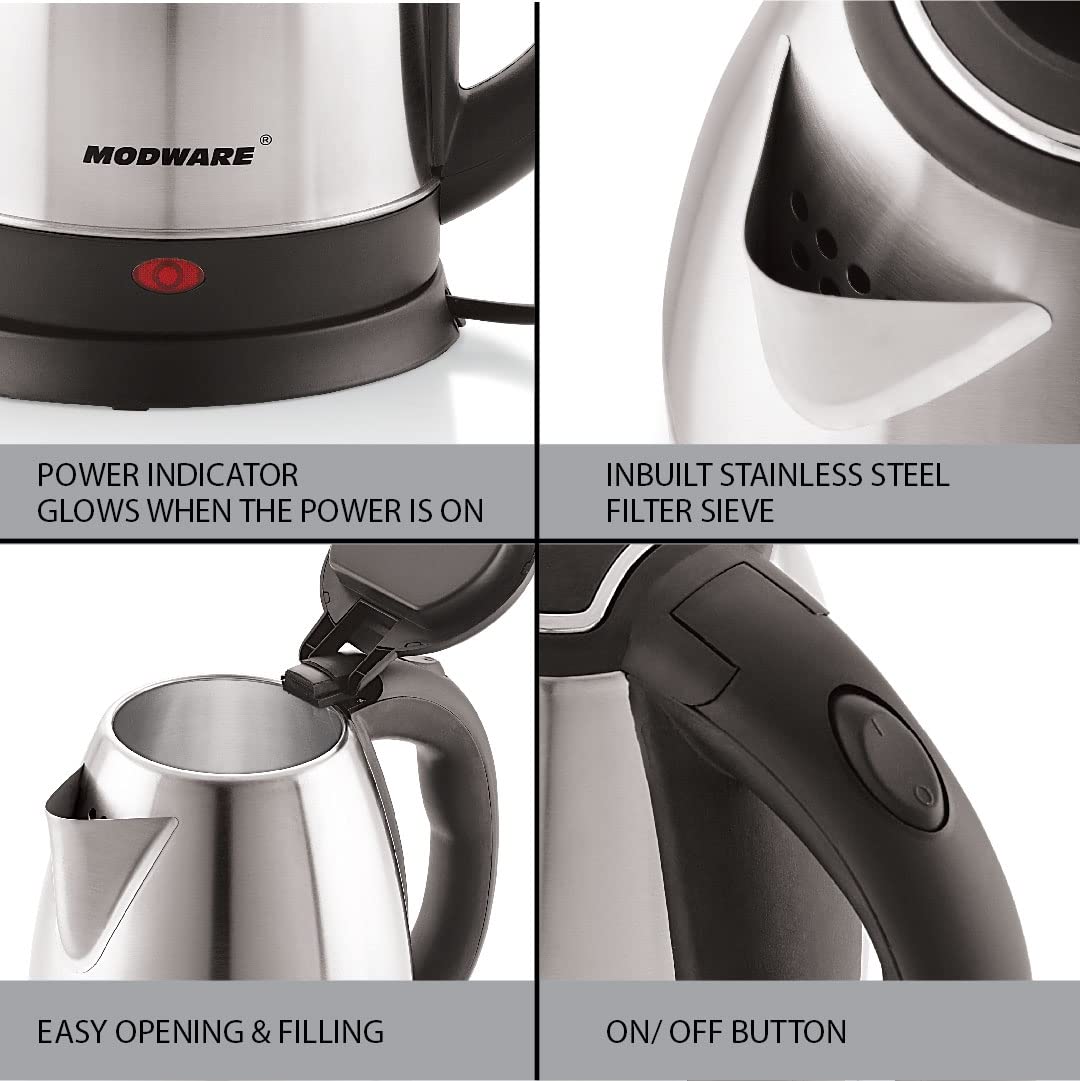 MODWARE Stainless Steel Electric Kettle 1.8 Litre, for Boiling Water, Making Tea and Coffee, Instant Noodles, Soup etc- Silver (1.8 Litre)