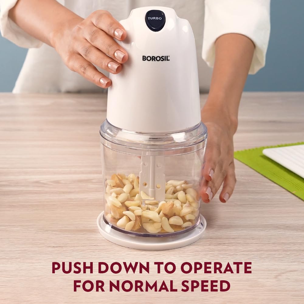 Borosil Chef Delite 260W Electric Chopper For Kitchen Use, White Chopper, Kitchen Accessories Items, Turbo Speed Option, Stainless Steel Blades, Whisking Blade for Cream, Chaas, Lassi