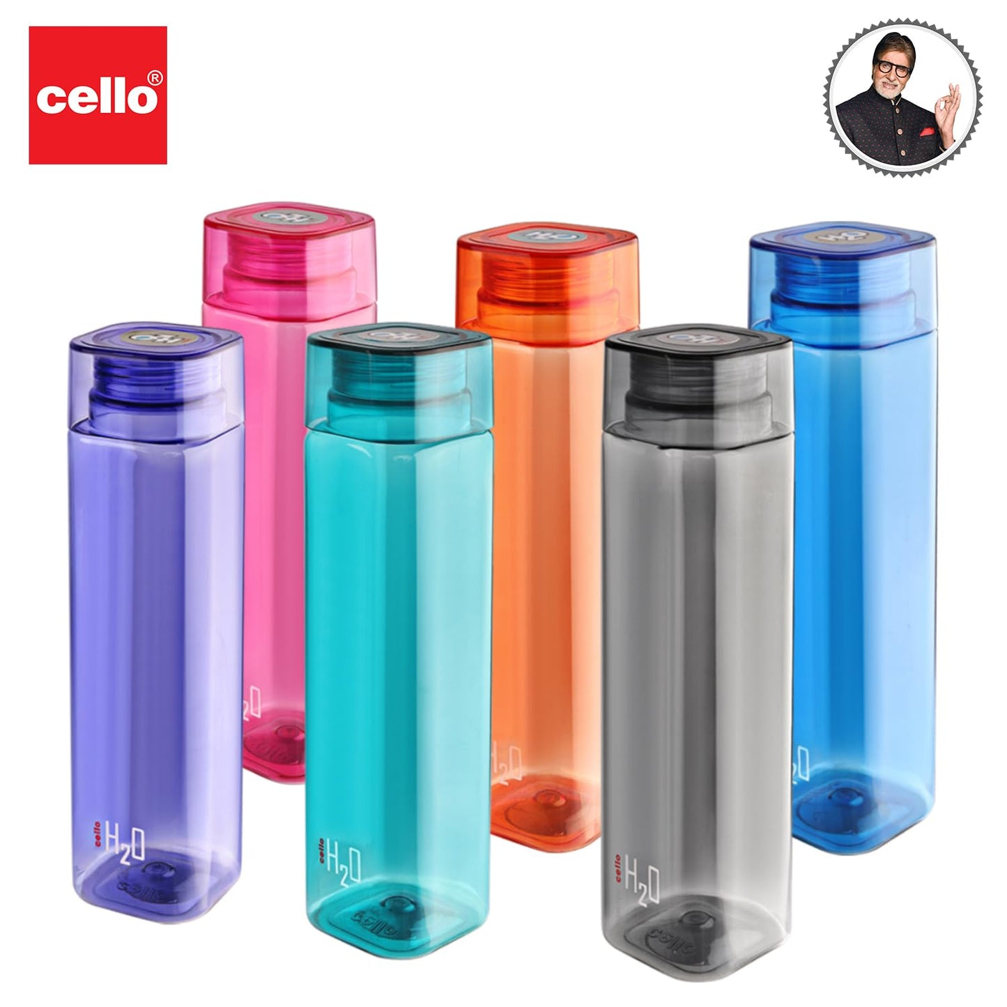 CELLO H2O Squaremate Plastic Water Bottle | Lid is sealed by a silicone ring | Leak proof & break-proof |Best Usage for Office/School/College/Gym/Picnic/Home/Fridge | 1 Liter | Assorted, Set of 6