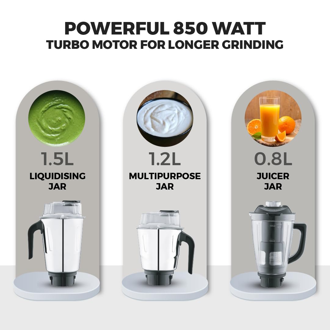 Master Wonder Mixer Grinder, unique VentAir Turbo Powerful 850W, Ultra Grind Technology, 5 Jars (3 Stainless Steel + 2 Polycarbonate), Black, 3 Years Product Warranty, 5 Years Motor Warranty
