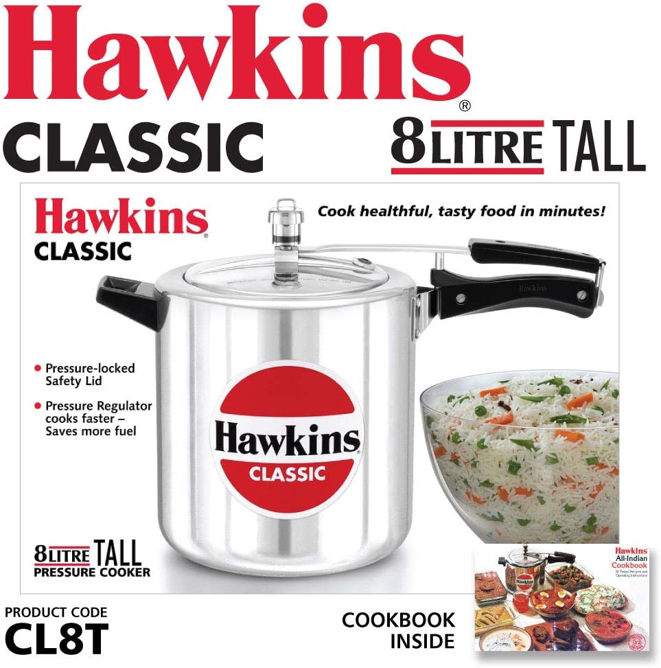 Hawkins Aluminium 8 Litre Classic Pressure Cooker, Tall Design Inner Lid Cooker, Big Cooker, Silver (Cl8T)