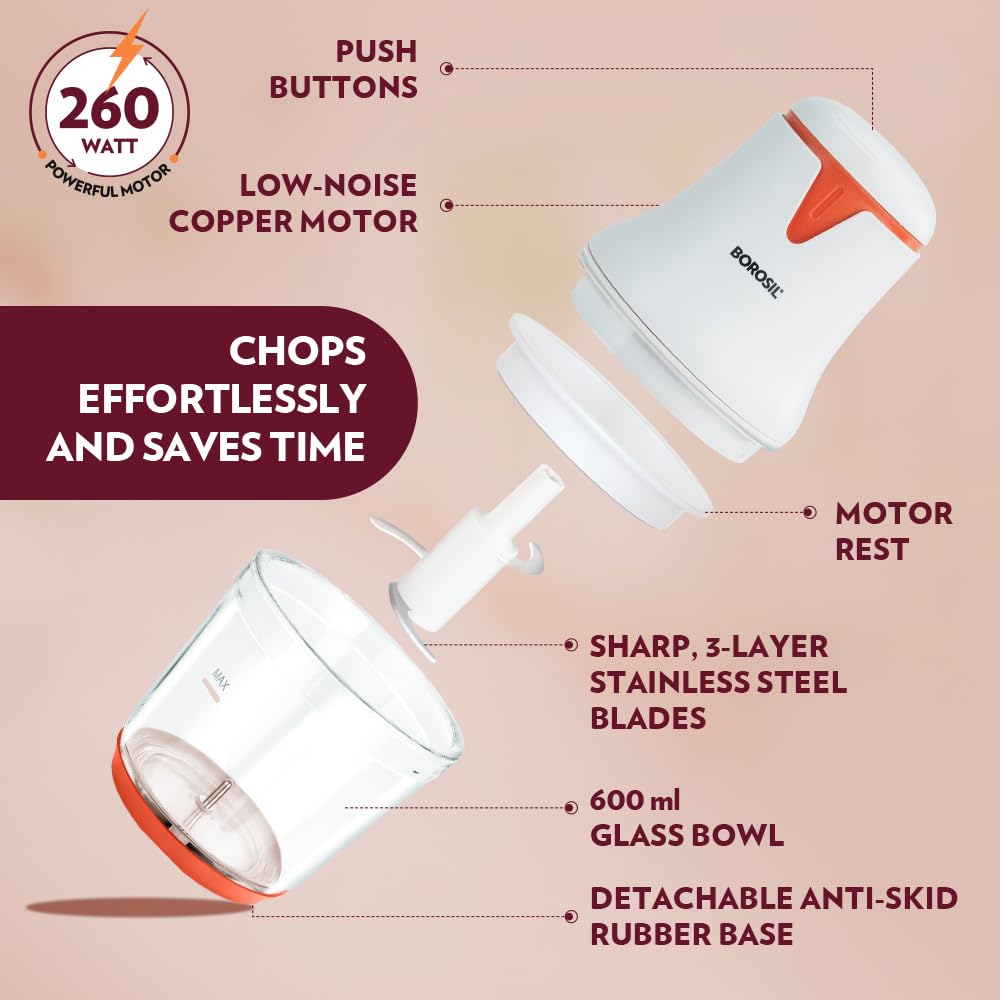Borosil Chef Delite 260W Electric Glass Chopper For Kitchen Use | White Chopper | Low Noise Operation | Kitchen Accessories Items | Stainless Steel Blades, Whisking Blade for Cream, Chaas, Lassi