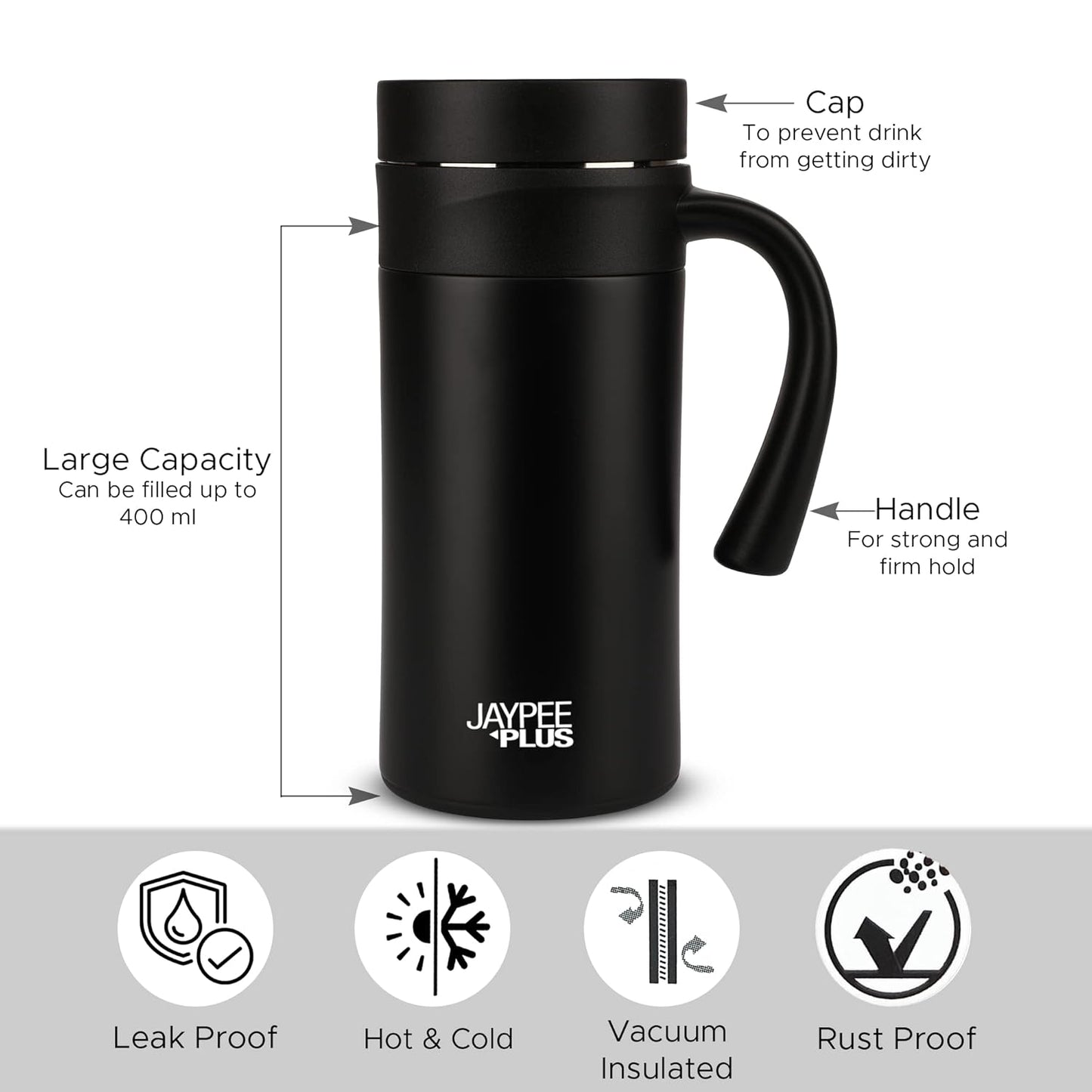 Jaypee Plus Handy Coffee Mug, Stainless Steel Insulated Travel Mug,Vacuum Insulation Cup for hot Tea,Cold Tea & Soup 400 ml, Black