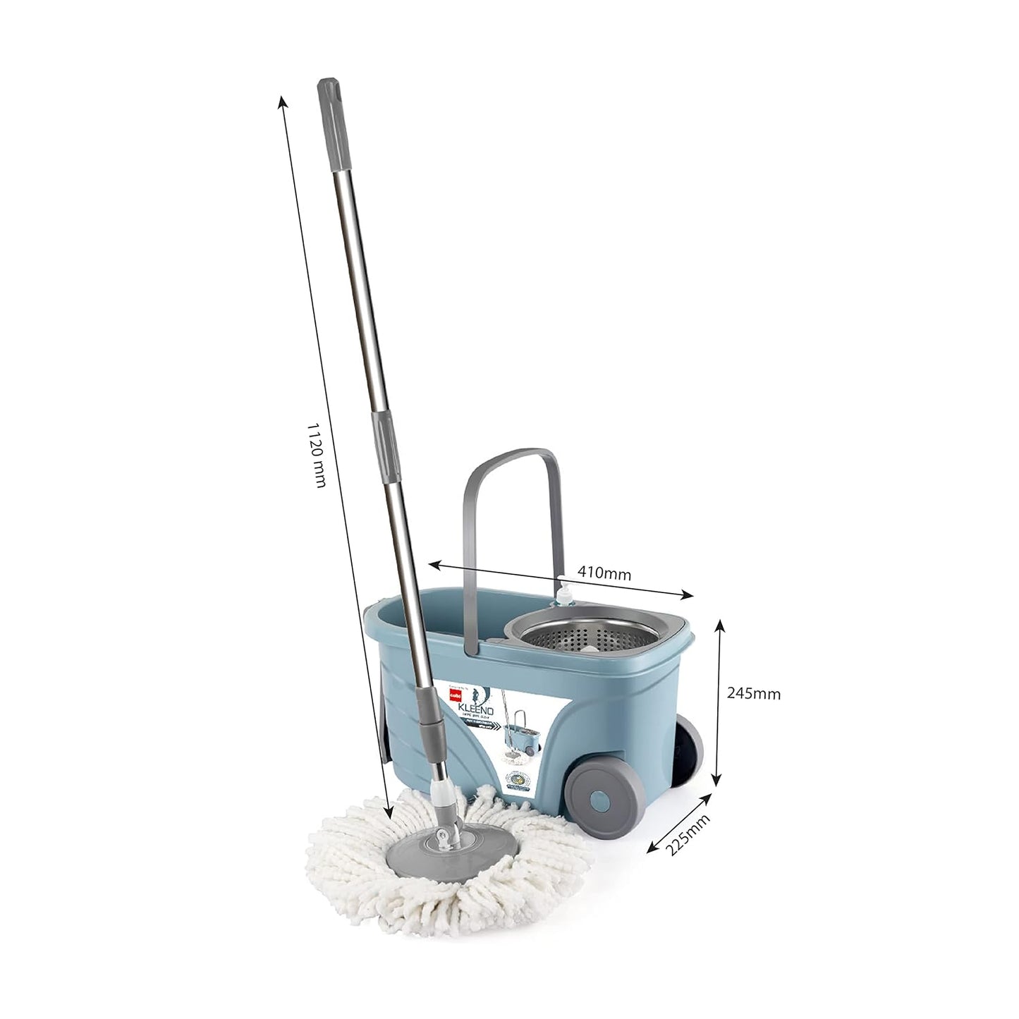 Kleeno by Cello Max Clean Deluxe Stainless Steel Wringer With Big Wheels & Puller Handle, Grey |360° Flexible Mop With 1 Microfiber Refill & Liquid Dispenser|Daily Use Floor Cleaning Pocha With Bucket