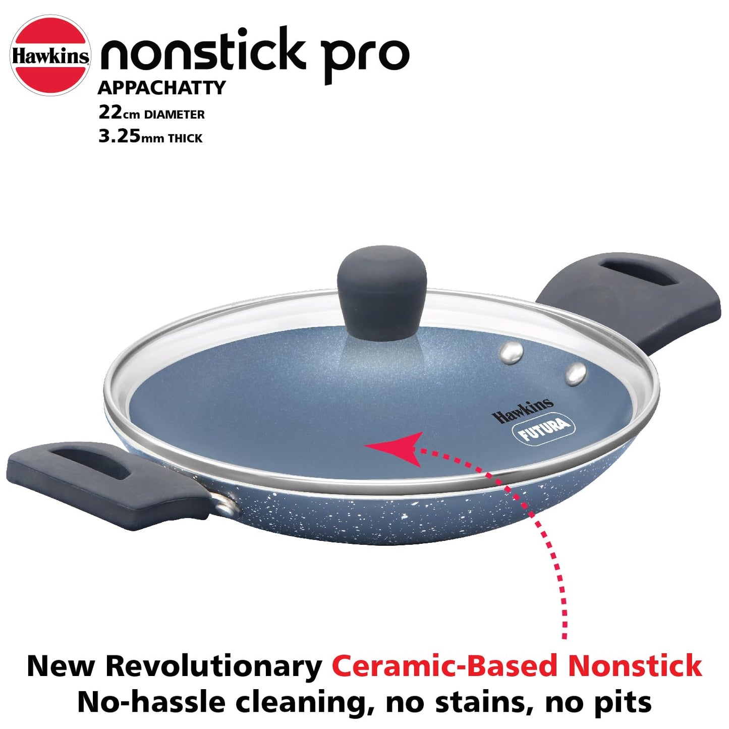 Hawkins Nonstick Pro 0.9 Litre Appachatty, Mini Kadhai, Appachatti, Appachetty, Appam Pot Maker, Deep Fry Pan with Glass Lid, Granite Kadai (CA09G)