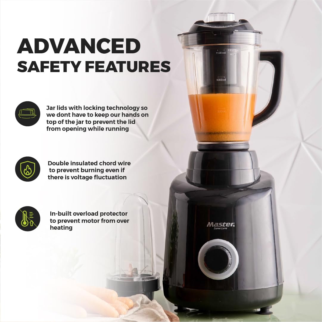 Master Wonder Mixer Grinder, unique VentAir Turbo Powerful 850W, Ultra Grind Technology, 5 Jars (3 Stainless Steel + 2 Polycarbonate), Black, 3 Years Product Warranty, 5 Years Motor Warranty