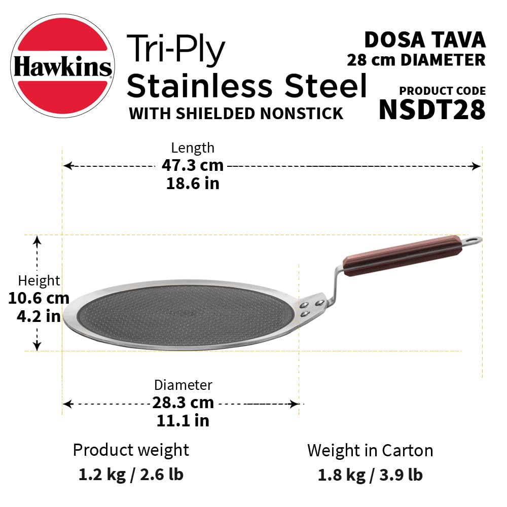 Hawkins 28 cm Dosa Tava, Triply Stainless Steel Shielded Nonstick Tawa with Rosewood Handle, Honeycomb Non Stick Induction Tawa, Silver (NSDT28)