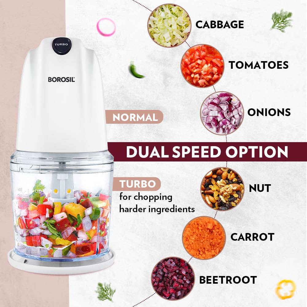 Borosil Chef Delite 260W Electric Chopper For Kitchen Use, White Chopper, Kitchen Accessories Items, Turbo Speed Option, Stainless Steel Blades, Whisking Blade for Cream, Chaas, Lassi