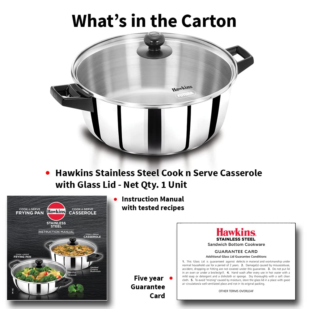 Hawkins 5 Litre Cook n Serve Casserole, Stainless Steel Saucepan with Glass Lid, Induction Pan, Sauce Pan for Cooking and Serving, Black (SSCB50G)