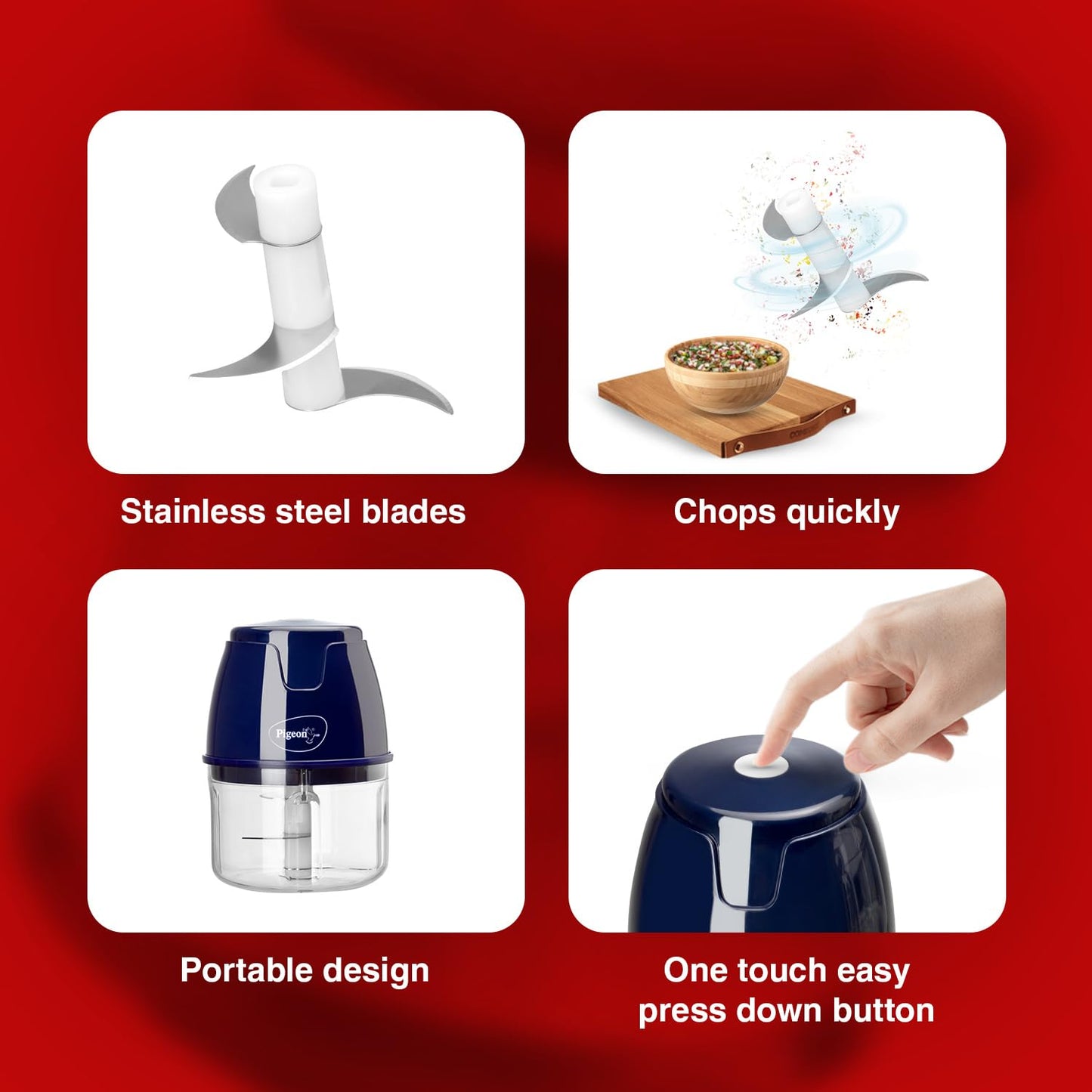 Pigeon Zoom Electric Rechargeable Chopper 250 ml, Portable with 3 Stainless Steel Blades for Effortlessly Chopping Vegetables and Fruits - Assorted Colours