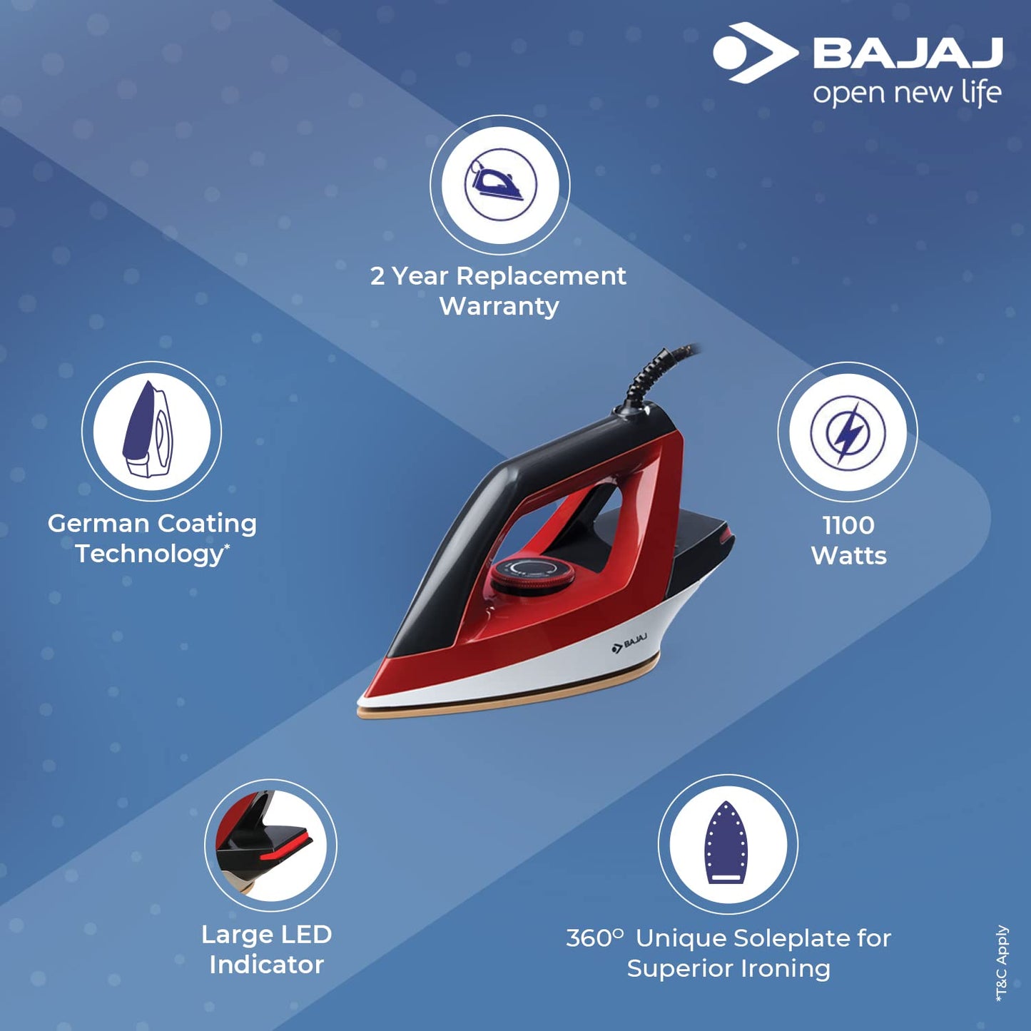 Bajaj Splendora 1100 Watts Dry Iron | German Coating Technology | Large LED Indicator | 360 Degree Swivel Cord | Cool Touch Body | 2-Yrs Warranty 【Red & Black】