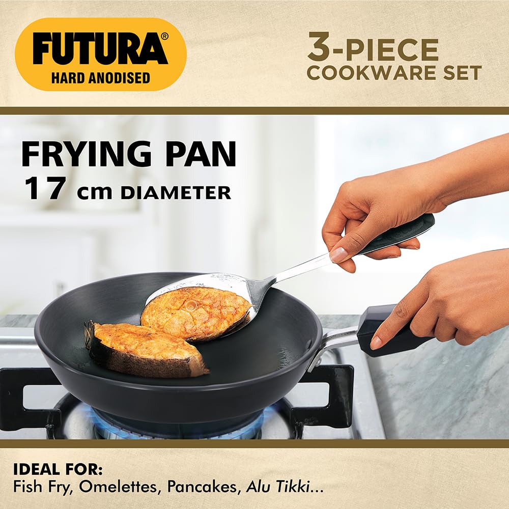 Hawkins Futura 3 Pieces Cookware Gift Set - Hard Anodised Tava, Frying Pan and Kadhai with Stainless Steel Lid, Black (24HAGP)