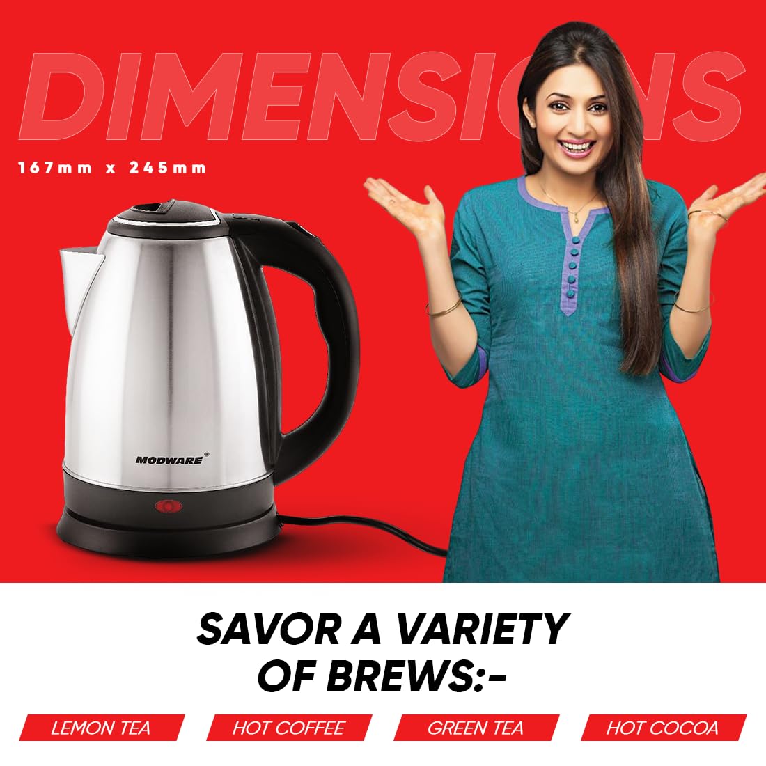 MODWARE Stainless Steel Electric Kettle 1.8 Litre, for Boiling Water, Making Tea and Coffee, Instant Noodles, Soup etc- Silver (1.8 Litre)