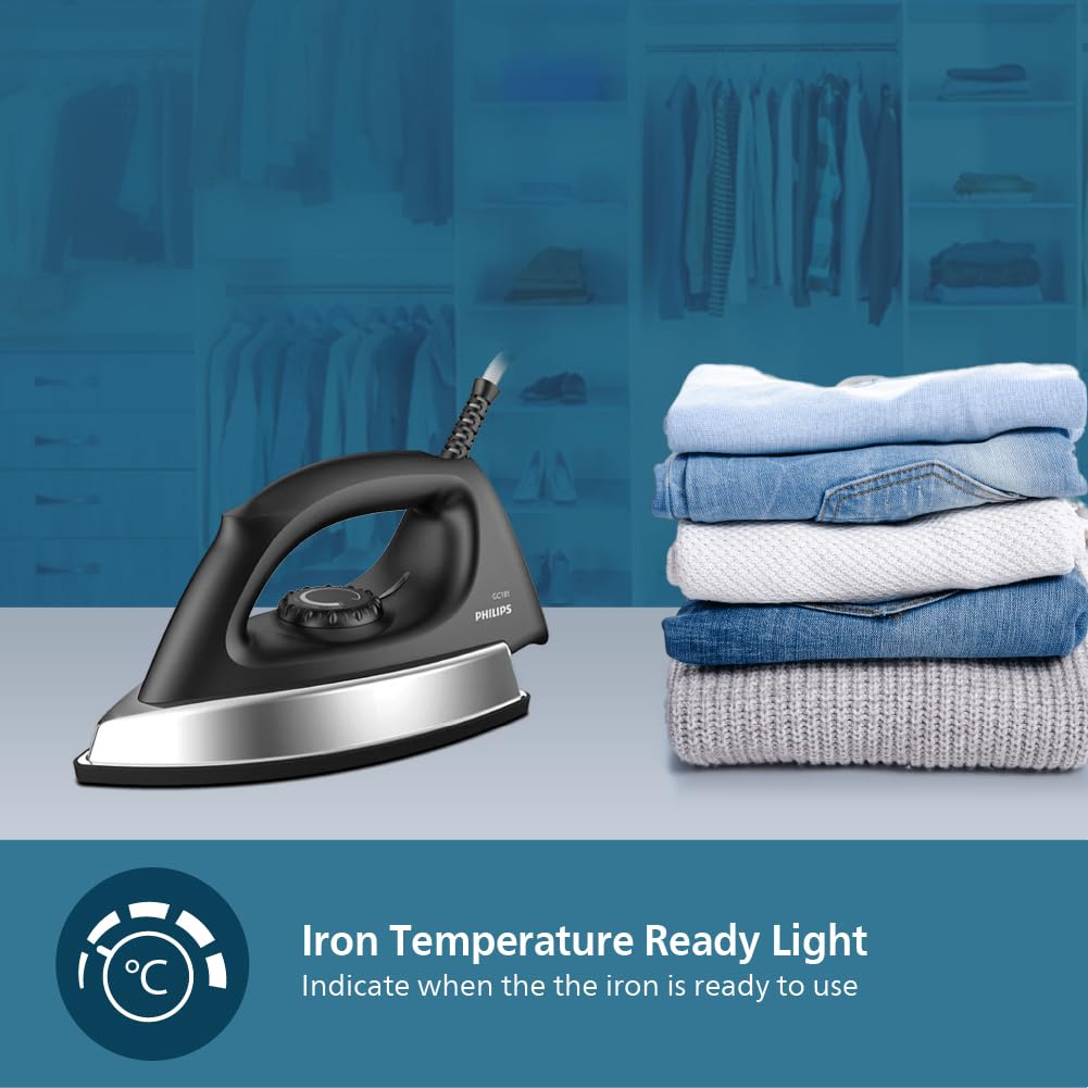 PHILIPS Stainless_Steel Heavyweight Dry Iron Gc181/80-1000 Watts Power, Black Non-Stick Soleplate, Ergonomic Grip