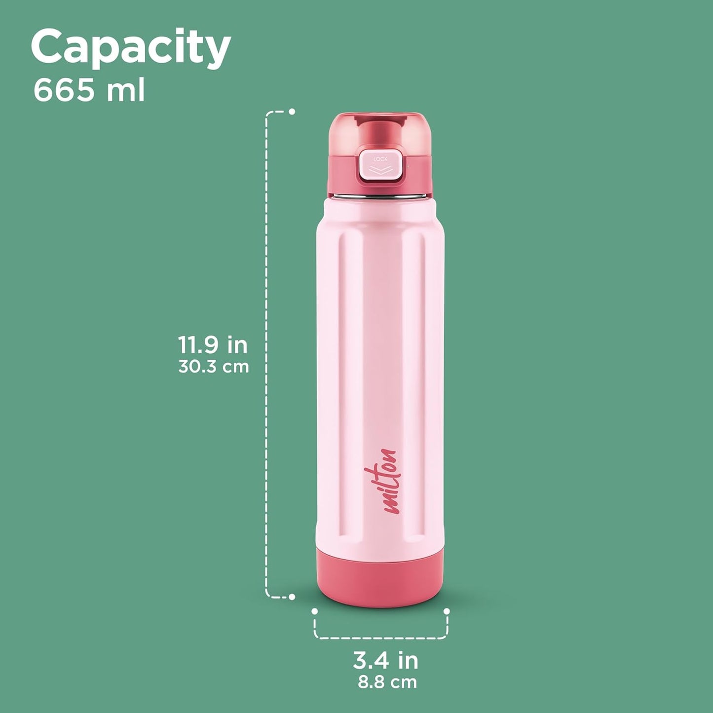 Milton Taurus 900 Steel Thermoware, Inner Stainless Steel, Cold PU Insulated, Leak Proof Water Bottle for School Kids, Office, Gym, Easy to Carry Handle, 665 ml, Light Pink