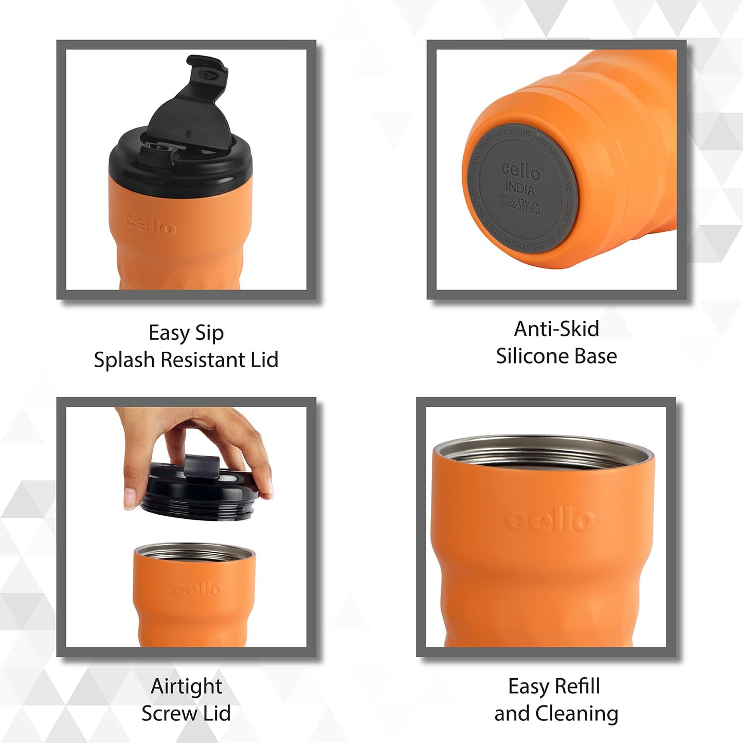Cello Latte Coffee Stainless Steel Double Wall Insulation Flask | Flip-Top Lid & Wide-Mouth Opening | Leak-Proof and Spill-Resistant | 350, Orange