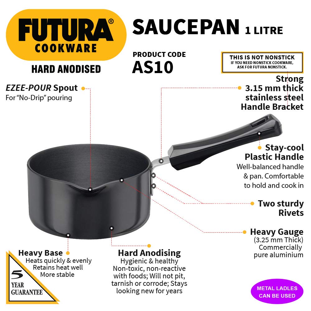 Hawkins Futura Hard Anodised Saucepan, Capacity 1 Litre, Diameter 14 Cm, Thickness 3.25 Mm, Black (As10) (Aluminium),Non-Stick, 1 Liter