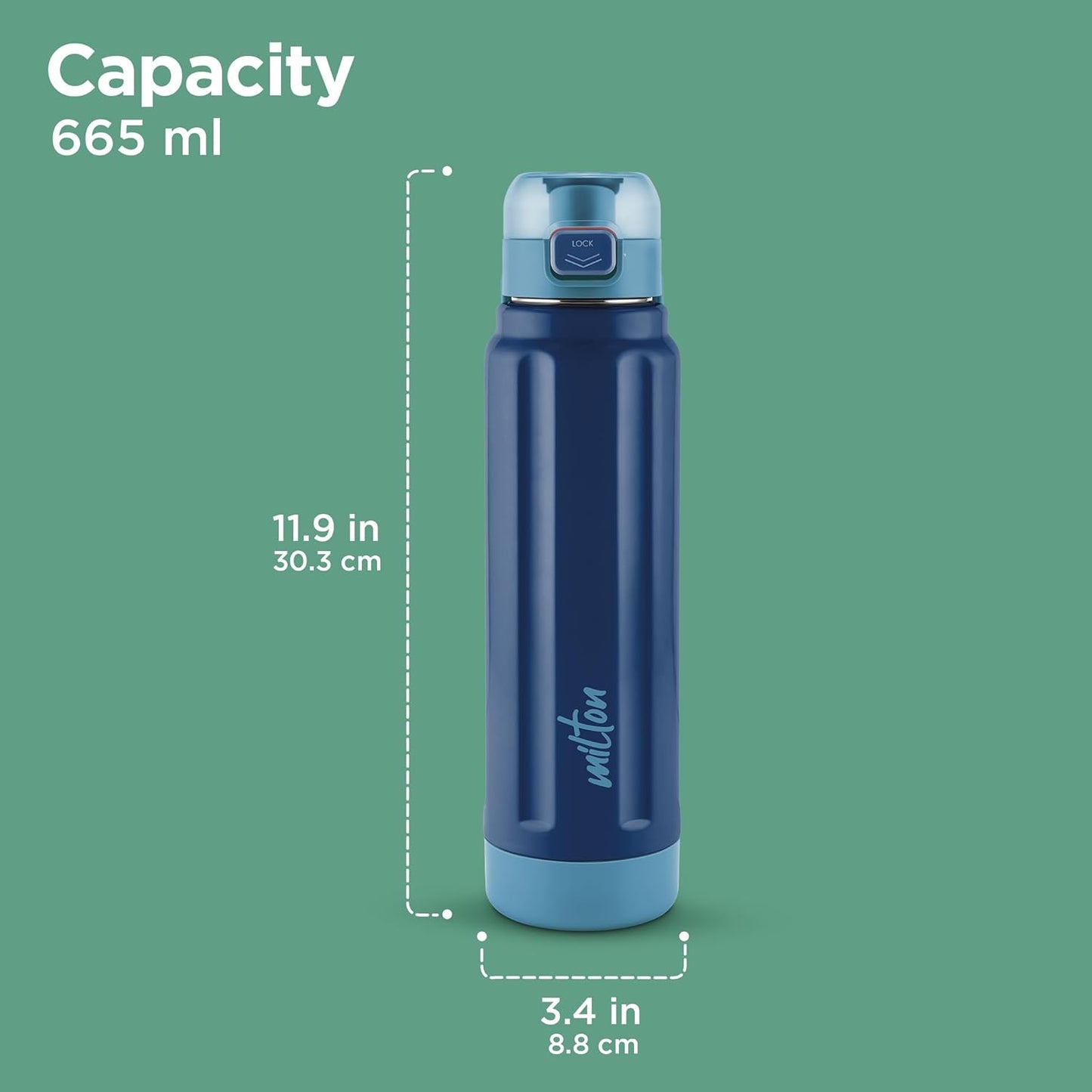 Milton Taurus 900 Steel Thermoware, Inner Stainless Steel, Cold PU Insulated, Leak Proof Water Bottle for School Kids, Office, Gym, Easy to Carry Handle, 665 ml, Dark Blue