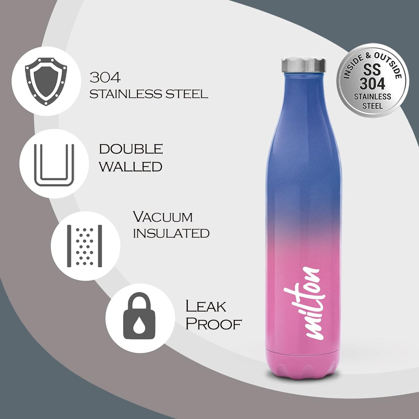 MILTON Prudent 800 Thermosteel Bottle, 810 ml Water Bottles, 24 Hours Hot and Cold, Easy to Carry, Easy Grip, Rust Proof, Tea, Coffee, Office, Travel Bottle, Pink Blue