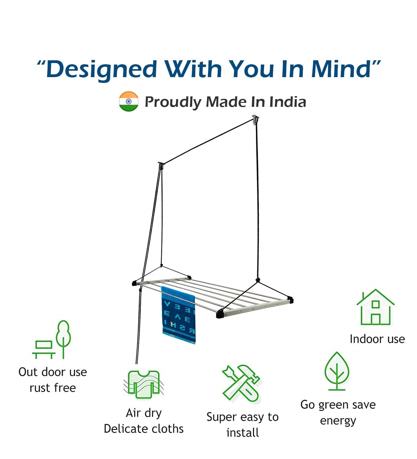 Heavy Duty Stainless Steel 6 Pipe X 6 Feet (Blue) Economy Model with UV Protected Nylon Rope Ceiling Cloth Dryer | Cloth Drying Stand for Balcony | Clothes Stand for Drying
