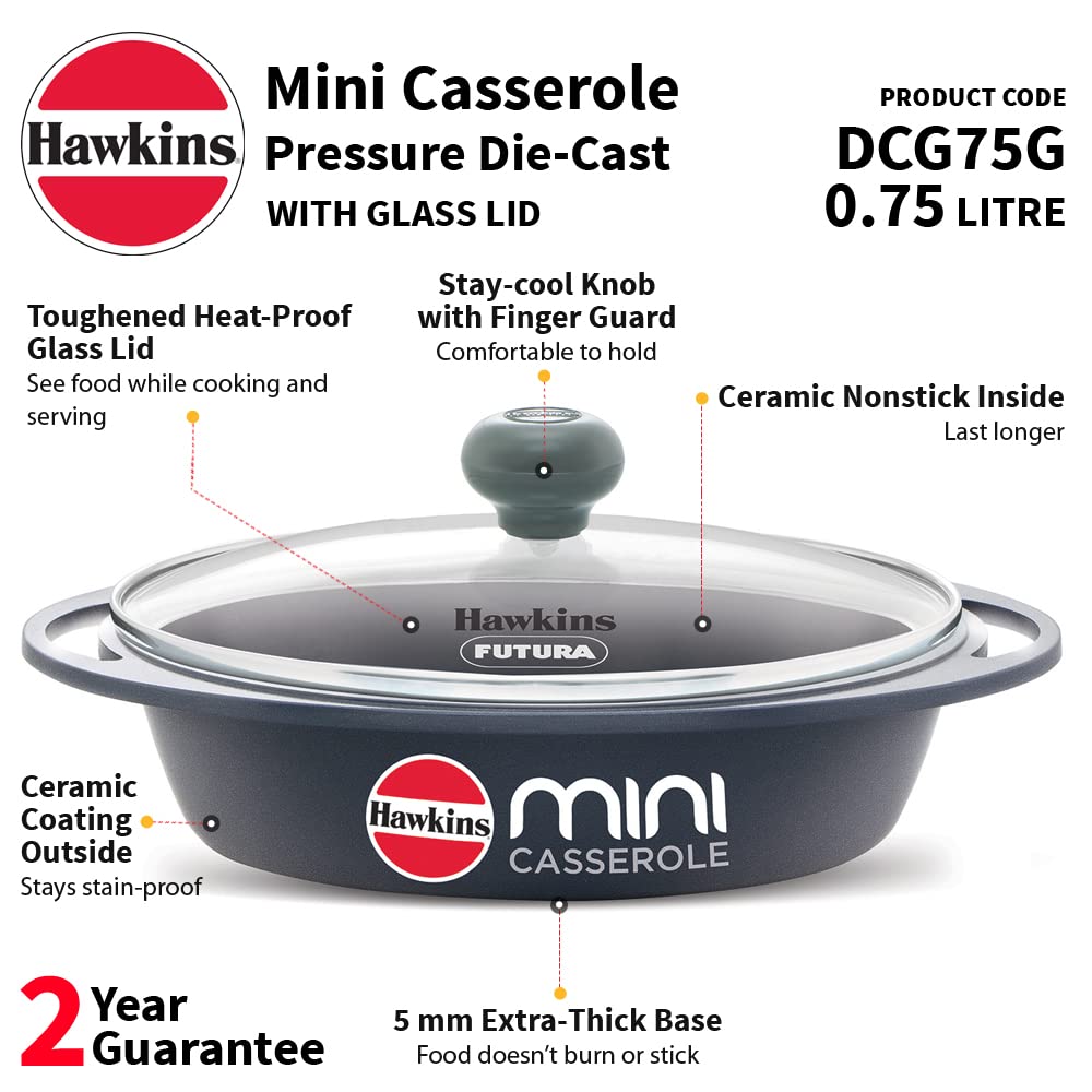 Hawkins 0.75 Litre Mini Casserole with Glass Lid, Oval Shaped Die-Cast pan for Cooking, Reheating, Serving and Storing, Grey (DCG75G)