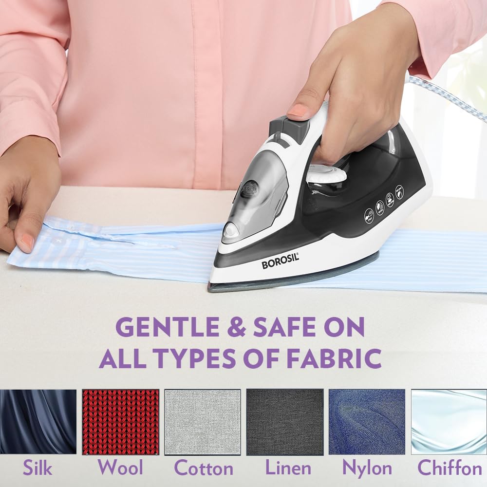Borosil SmartPress 1380W Steam Iron | Ceramic Soleplate, 12g/min Steam, Vertical & Horizontal Steam Busting, Self Cleaning Function, Overheat Protection | For Dry & Steam Ironing | 2 Years Warranty