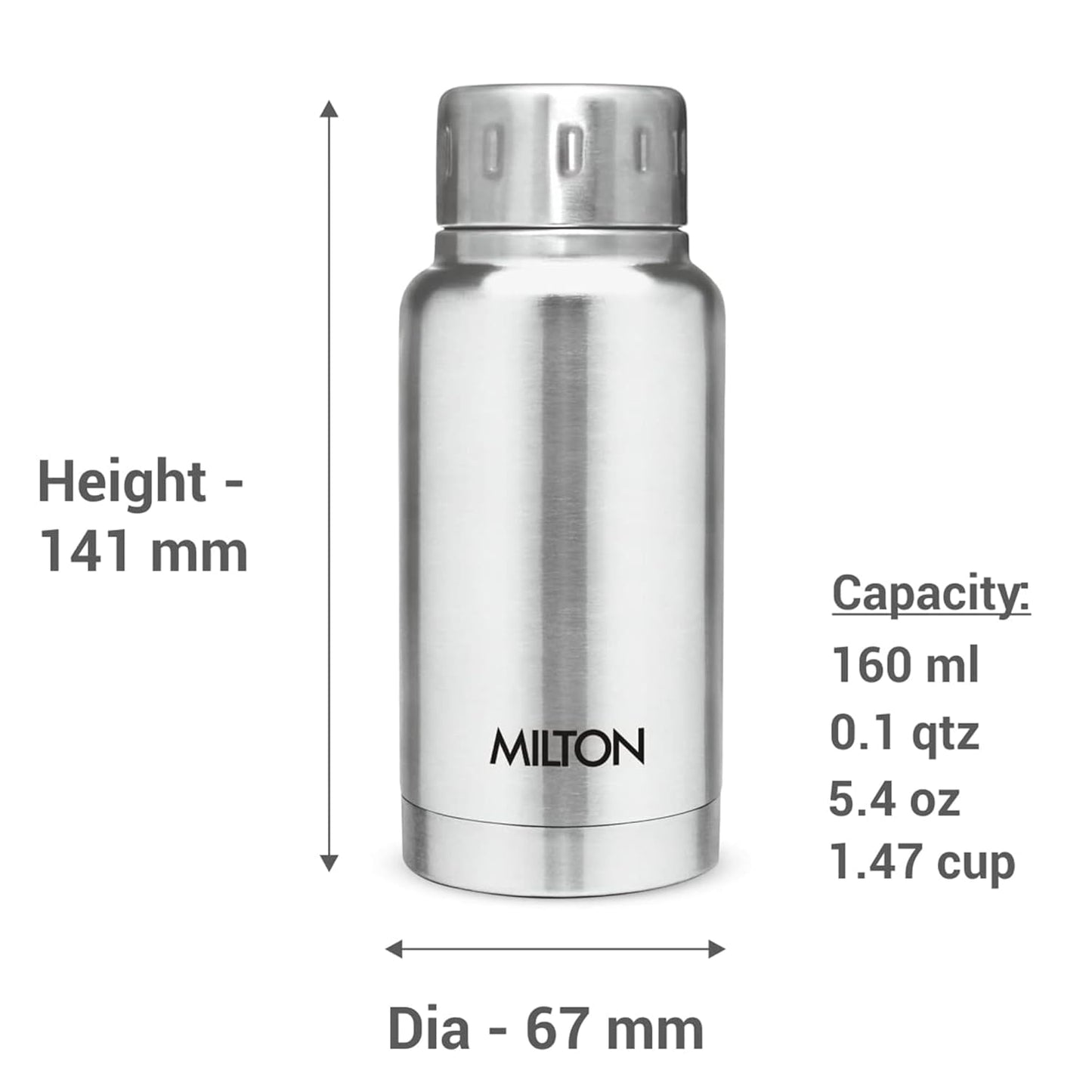 Milton Elfin 160 Thermosteel Water Bottle 160 ml, 24 Hr Hot and Cold I Leak Proof Lid, ISI Certified I Vacuum Insulated I for Office, Gym, School I Silver