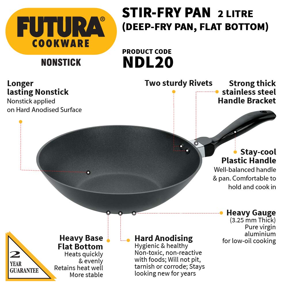 Hawkins Futura Nonstick Deep-Fry Pan (Stir-Fry Pan) 2 L, 26 cm, 3.25 mm (Black) (NDL20)
