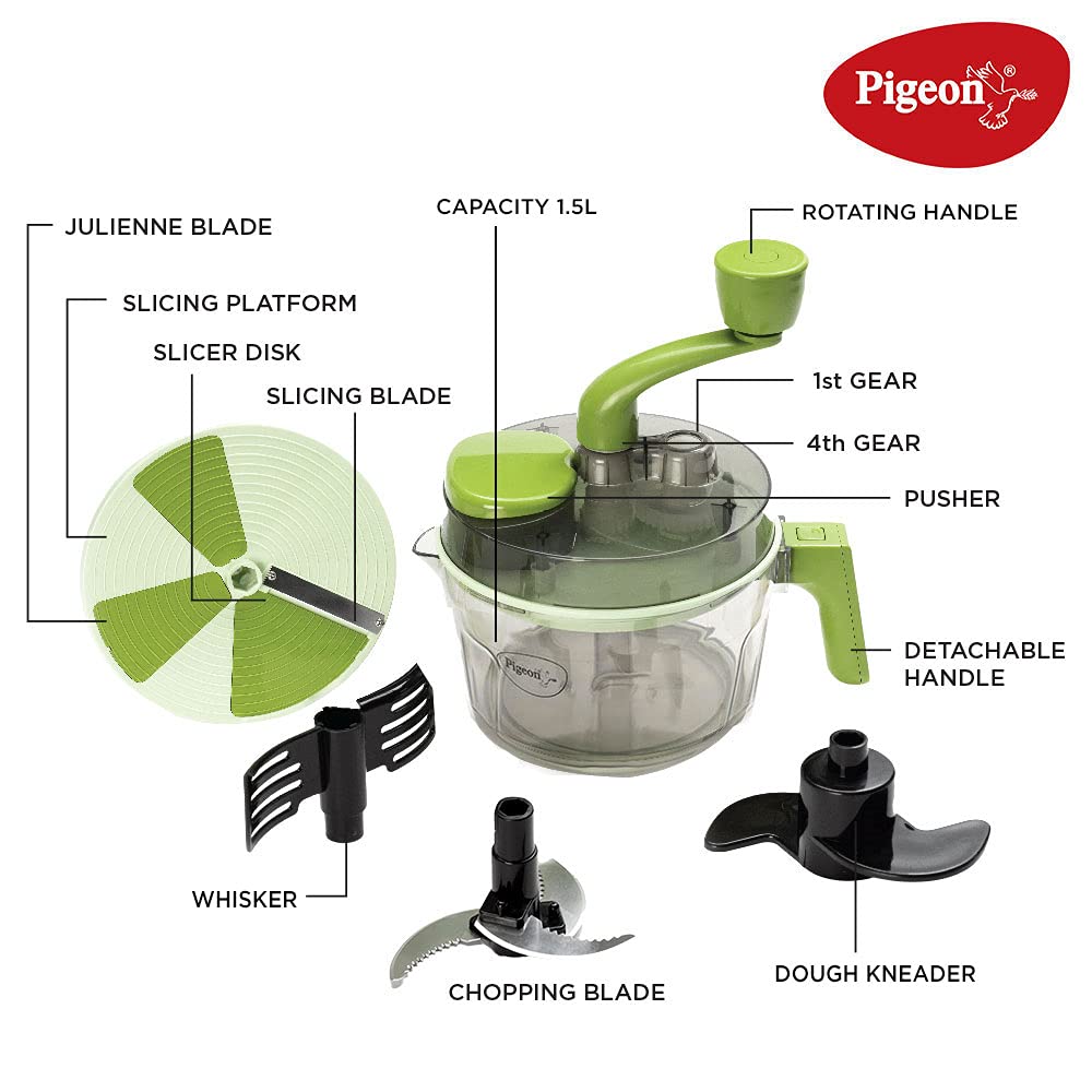 Pigeon by Stovekraft Tornado Turbo Manual Chopper | Food Processor 1.5 L Used for Chopping, Atta Kneader, Slicing, Shredding and Whipping - Green, Large