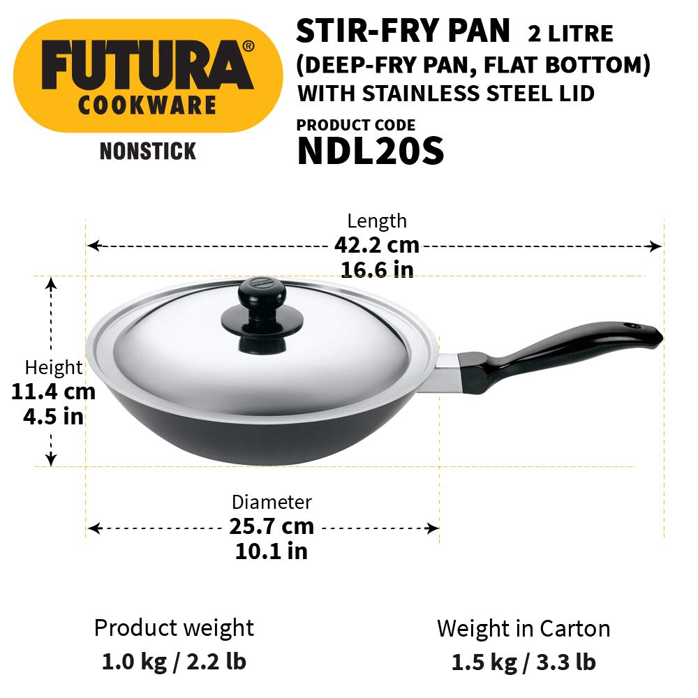 Hawkins Futura Nonstick Deep-Fry Pan (Stir-Fry Pan) 2 L, 26 cm, 3.25 mm with SS Lid (Black)