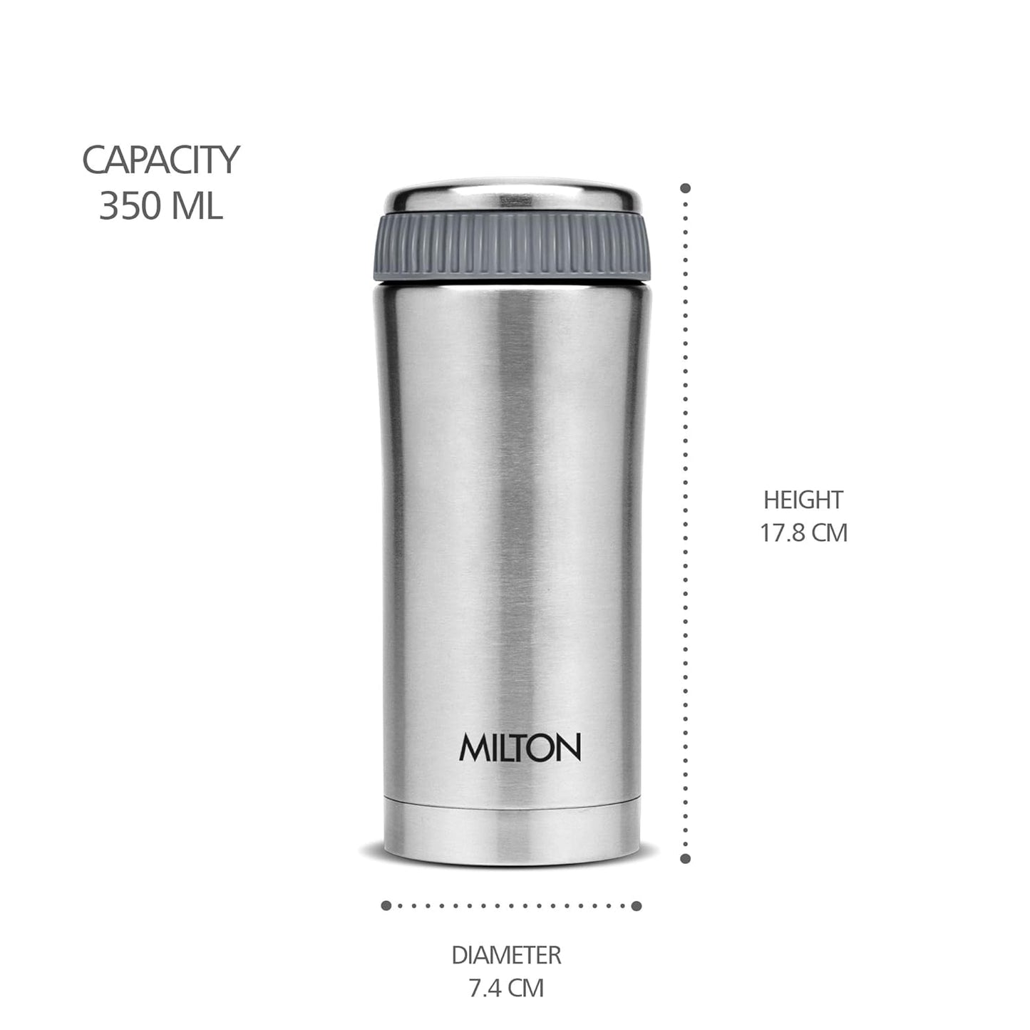 Milton Optima 350 Thermosteel Hot and Cold Flask, 340 ml, Silver | Vacuum Insulated | Rust Proof | Leak Proof | Tea | Coffee | Juice