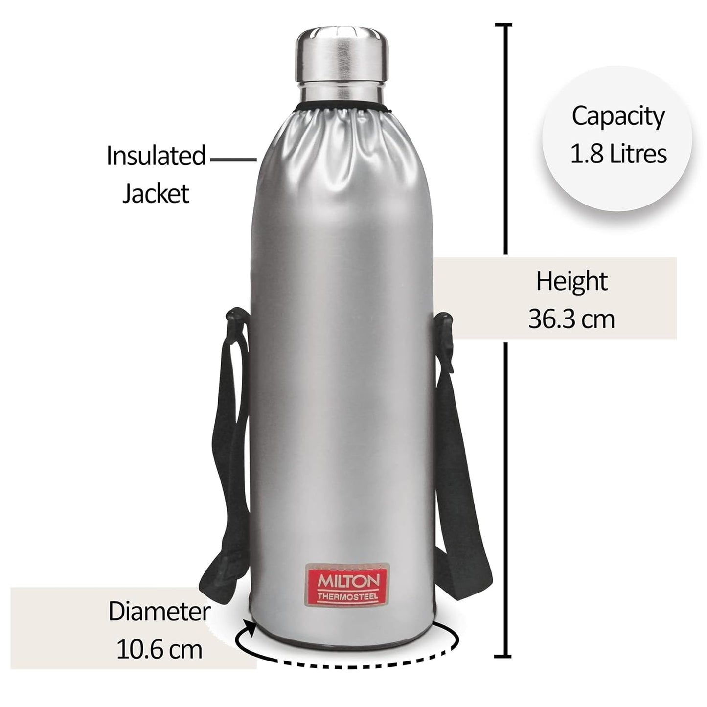 Milton Duo DLX 1800 Thermosteel Water Bottle 1.8 Litre, 24 Hr Hot and Cold I Leak Proof Lid, ISI Certified I Vacuum Insulated I for Office, Gym, School I Silver